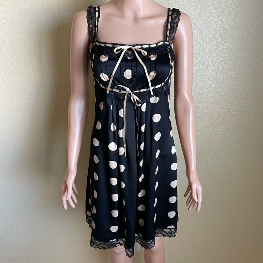 Y2K Betsey Johnson Silk Polka Dot Slip Dress Ribbon Lace Black Cream Size 2 New